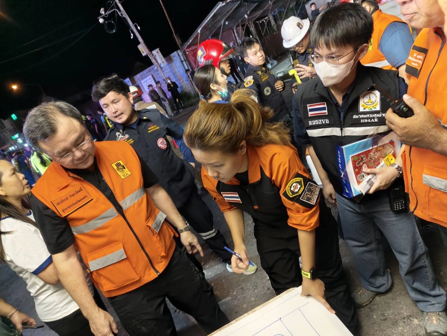 Emergency responders reviewing an incident plan at night