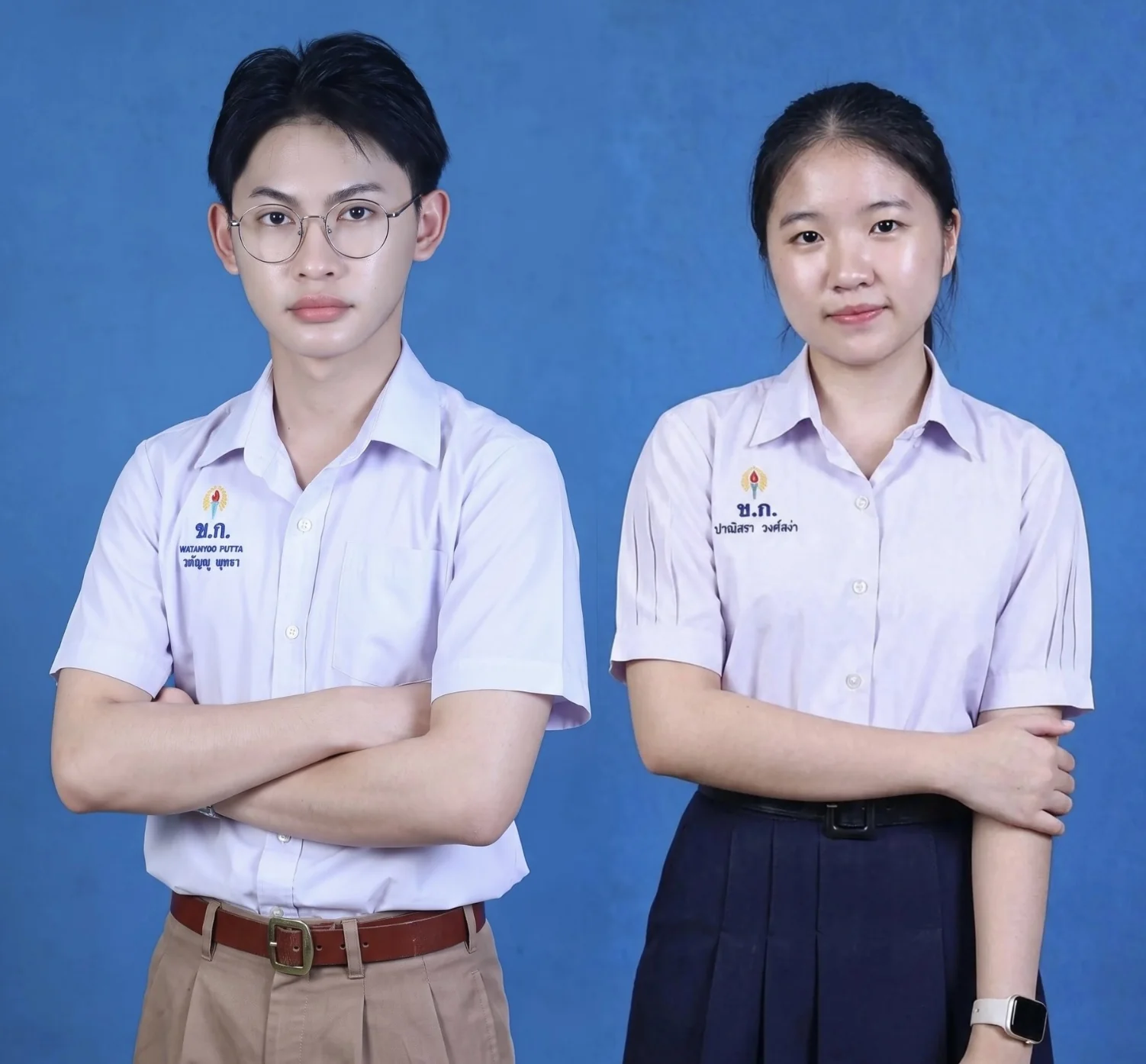 Watanyoo Putta (left) and Panisara Wongsanga (right) in Khonkaenwittayayon School uniform against a blue background